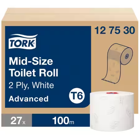 127530 Tork Advanced toiletpapier compact mid-size 2-lgs wit 100 mtr 27 rol/doos T6